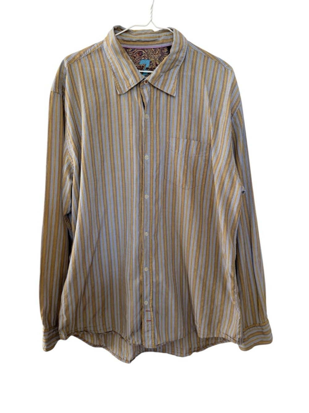 7 For All Mankind Men’s Button Up Shirt Size XL Yellow Tan Blue Striped